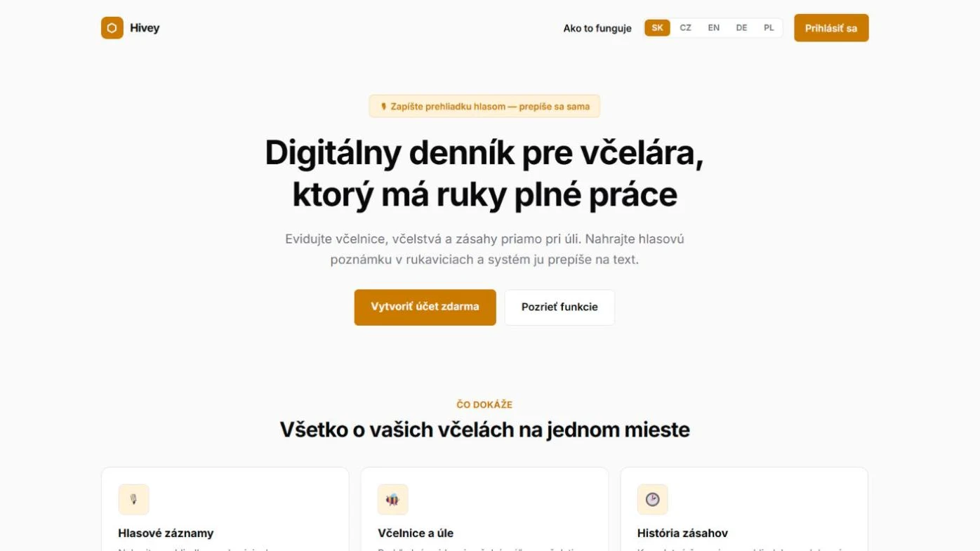 Úvodná stránka aplikácie Hivey — digitálny denník pre včelára
