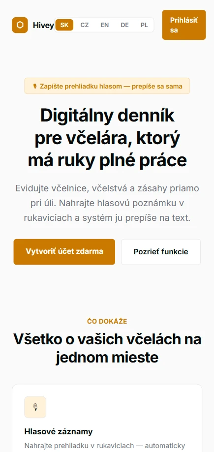 Hivey v mobile — úvodná stránka s výzvou na vytvorenie účtu